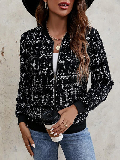 Allegra K Tweed Plaid Long Sleeves Zipper Bomber Jacket