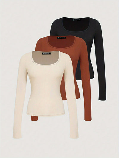 3 Packs Pullover Solid Color Square Neck Long Sleeve Tops