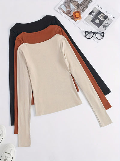 3 Packs Pullover Solid Color Square Neck Long Sleeve Tops