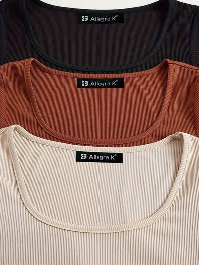 3 Packs Pullover Solid Color Square Neck Long Sleeve Tops