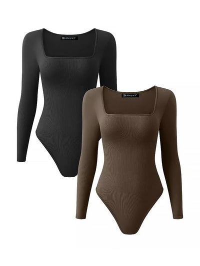 2 Packs Square Neck Long Sleeve High Elastic Knitted Bodysuit