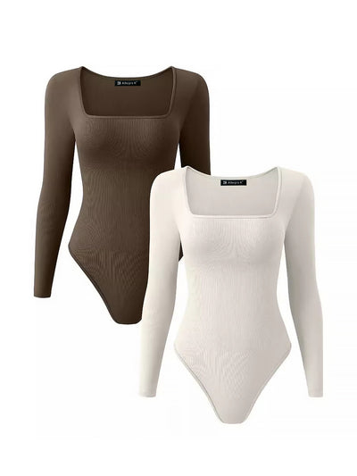 2 Packs Square Neck Long Sleeve High Elastic Knitted Bodysuit