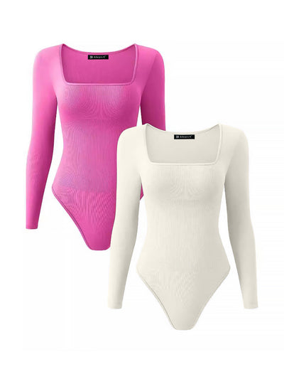 2 Packs Square Neck Long Sleeve High Elastic Knitted Bodysuit