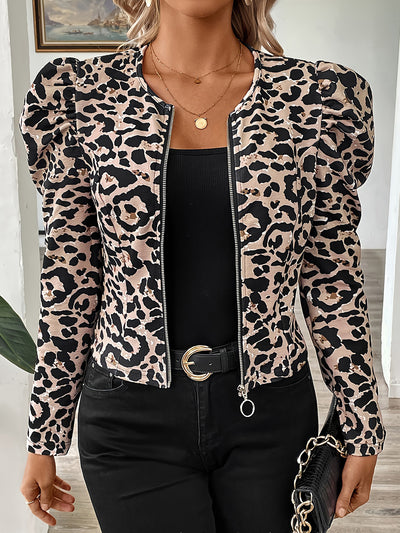 Leopard Puff Sleeve Zip Up Cropped Casual Jacket