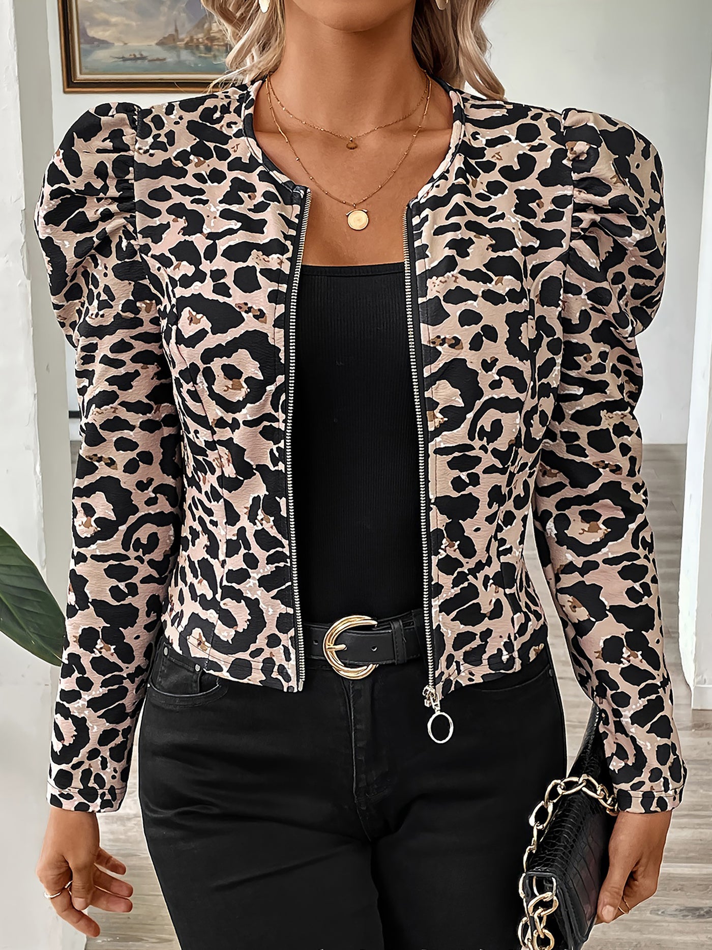 Allegra K Leopard Puff Sleeve Zip Up Cropped Casual Jacket