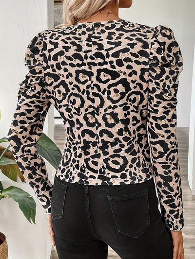 Leopard Puff Sleeve Zip Up Cropped Casual Jacket