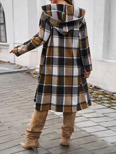 Plaid Long Sleeve Buttoned Brushed Hooded Jacket