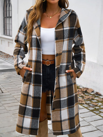 Plaid Long Sleeve Buttoned Brushed Hooded Jacket