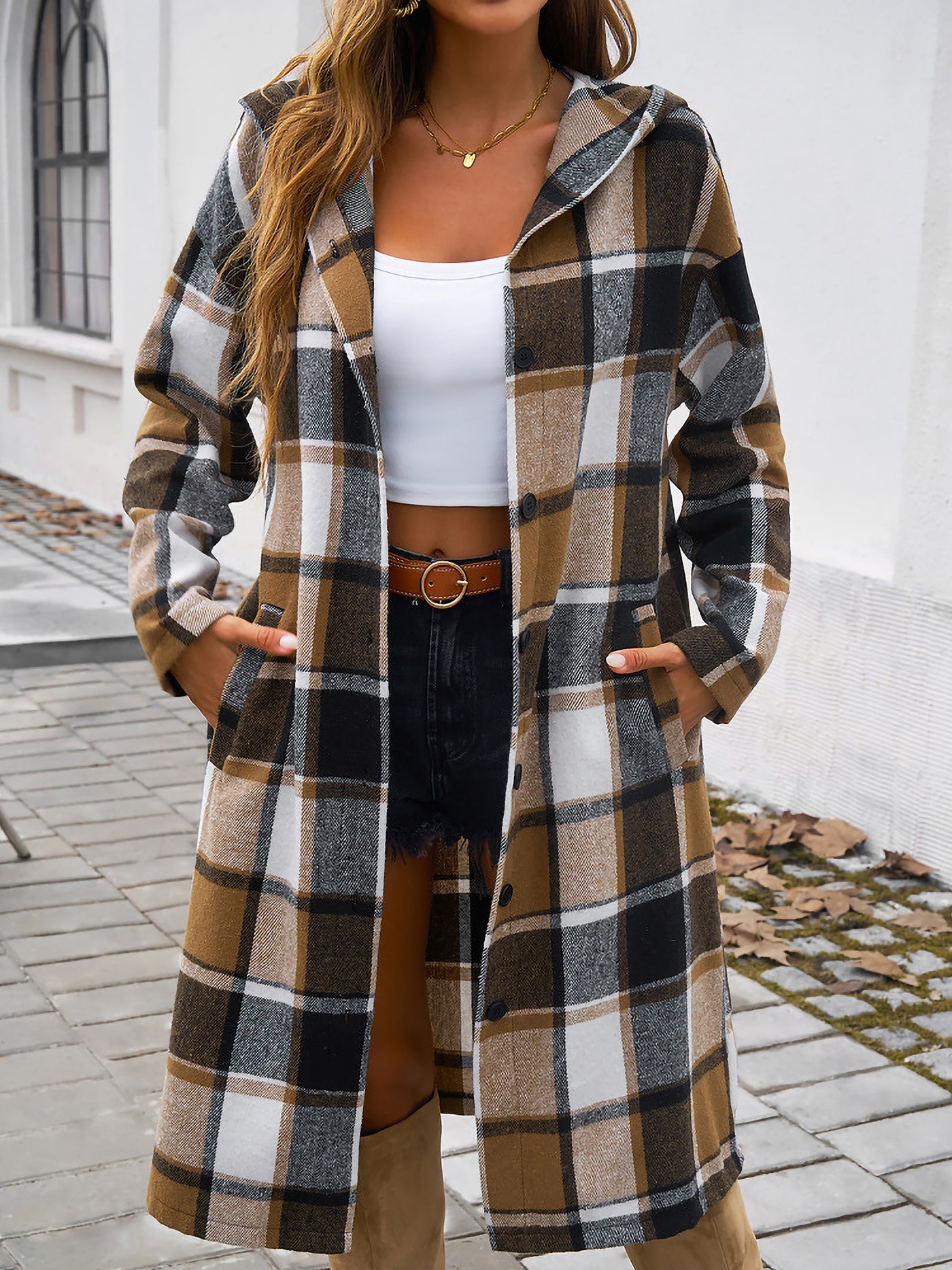 Allegra K Plaid Long Sleeve Buttoned Brushed Hooded Jacket