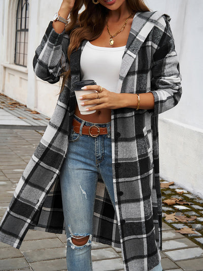 Plaid Long Sleeve Buttoned Brushed Hooded Jacket