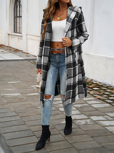 Plaid Long Sleeve Buttoned Brushed Hooded Jacket