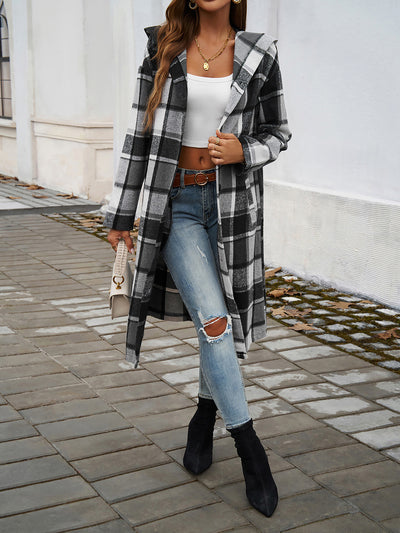 Plaid Long Sleeve Buttoned Brushed Hooded Jacket