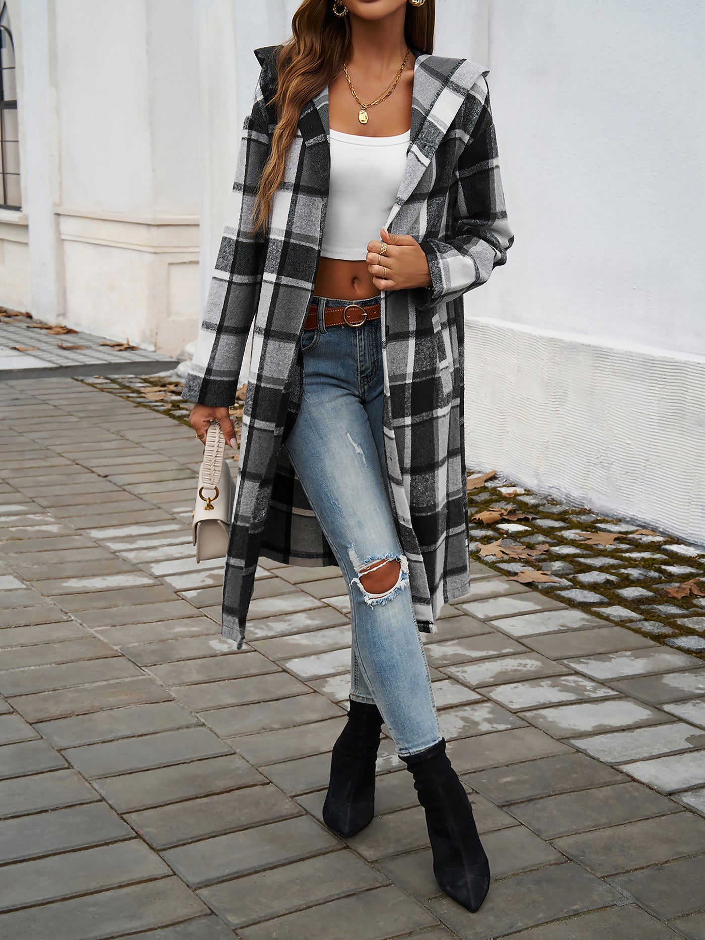 Allegra K Plaid Long Sleeve Buttoned Brushed Hooded Jacket