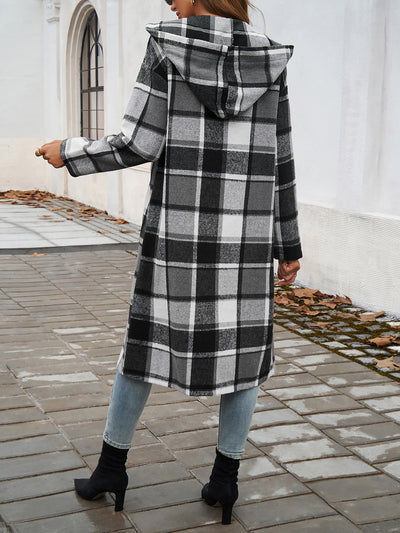 Plaid Long Sleeve Buttoned Brushed Hooded Jacket