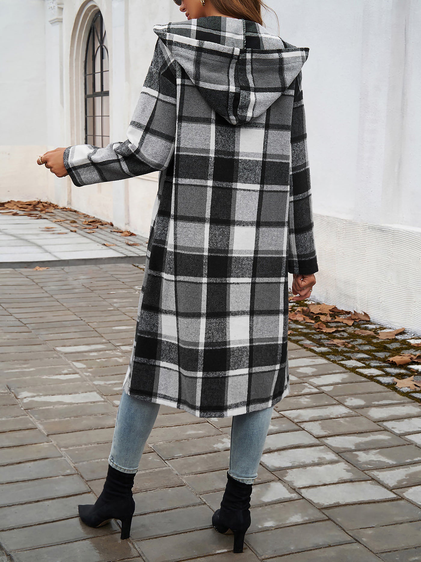 Allegra K Plaid Long Sleeve Buttoned Brushed Hooded Jacket