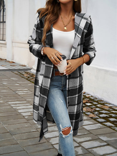 Plaid Long Sleeve Buttoned Brushed Hooded Jacket