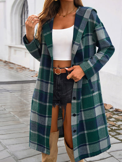 Plaid Long Sleeve Buttoned Brushed Hooded Jacket