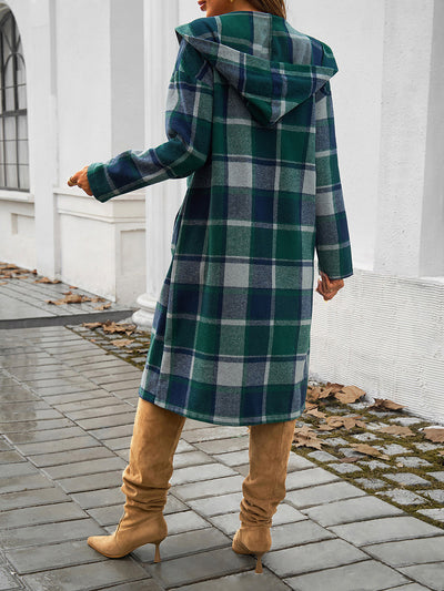 Plaid Long Sleeve Buttoned Brushed Hooded Jacket