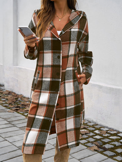 Plaid Long Sleeve Buttoned Brushed Hooded Jacket