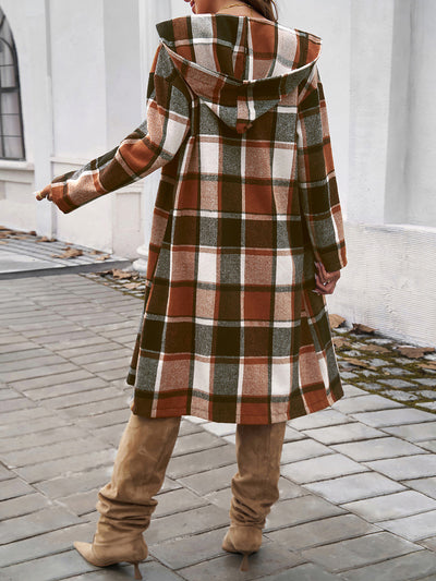 Plaid Long Sleeve Buttoned Brushed Hooded Jacket