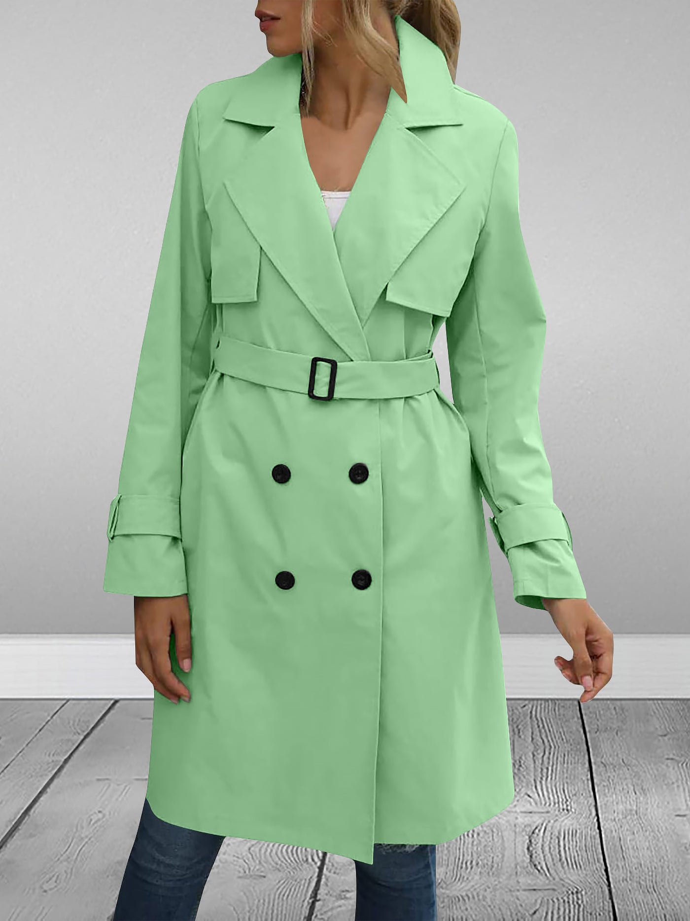 Allegra K Double Breasted Long Sleeve Belted Trench Coat