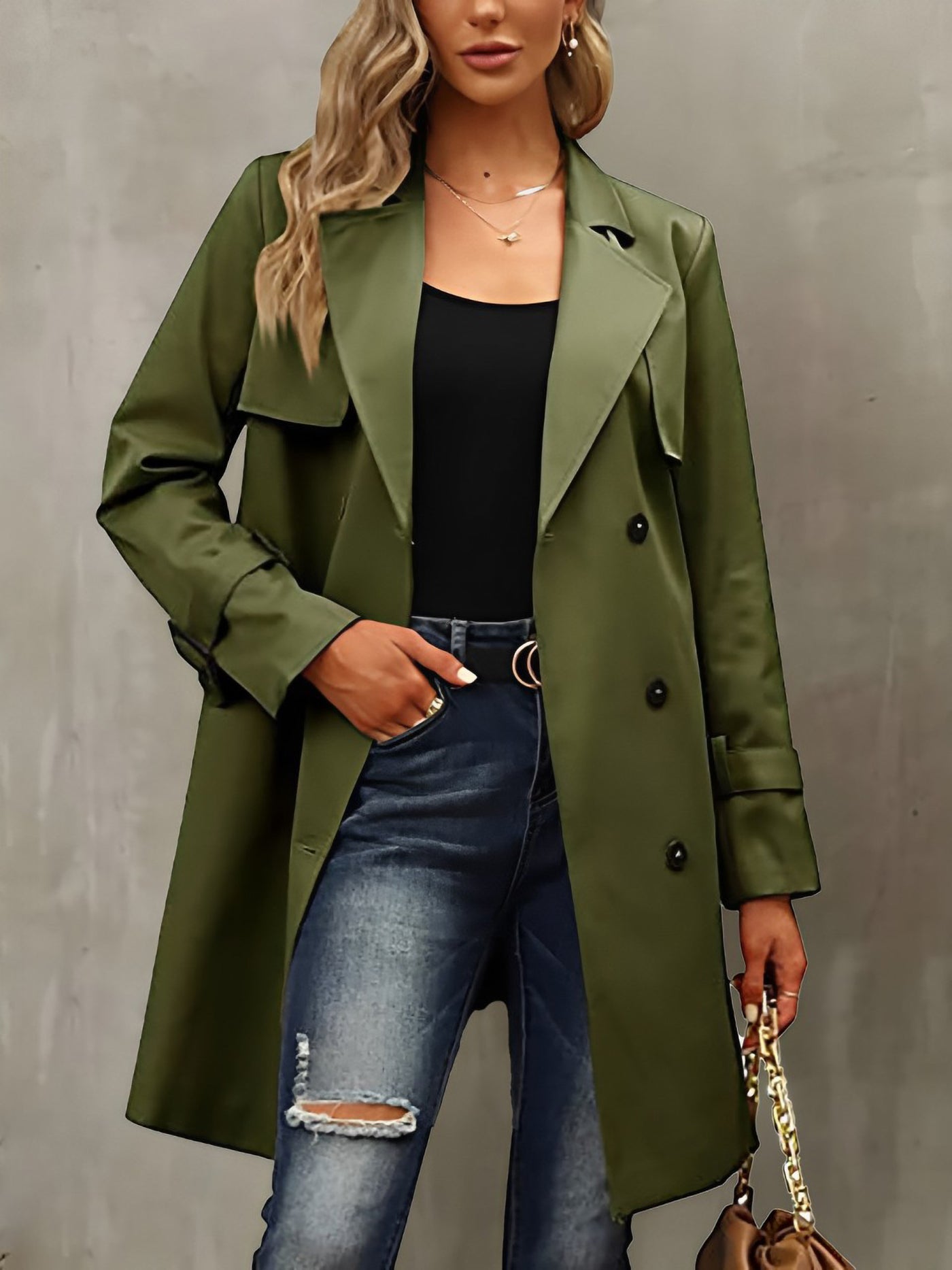 Allegra K Double Breasted Long Sleeve Belted Trench Coat