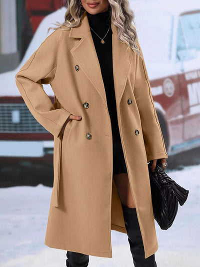 Allegra K Solid Color Notched Lapel Double Breasted Belted Long Pea Coat