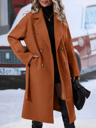 Solid Color Notched Lapel Double Breasted Belted Long Pea Coat