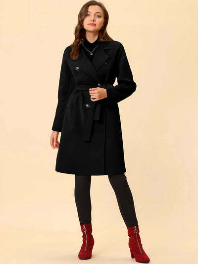 Allegra K Solid Color Notched Lapel Double Breasted Belted Long Pea Coat