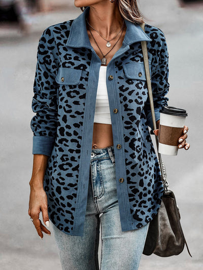 Leopard Textured Long Sleeve Collar Shacket Shirt