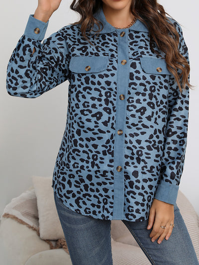 Leopard Textured Long Sleeve Collar Shacket Shirt