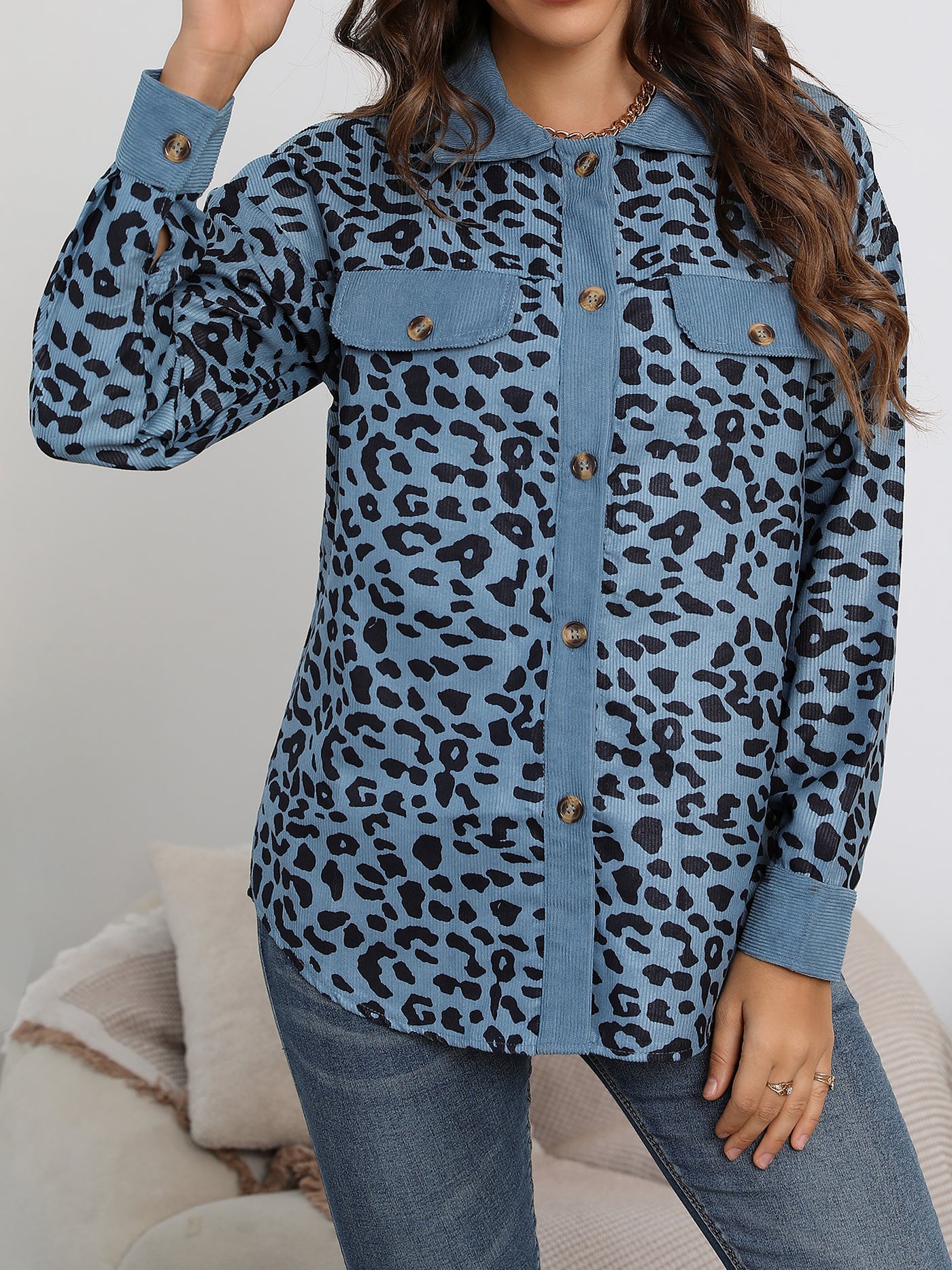 Allegra K Leopard Textured Long Sleeve Collar Shacket Shirt