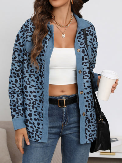 Leopard Textured Long Sleeve Collar Shacket Shirt