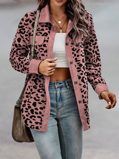 Leopard Textured Long Sleeve Collar Shacket Shirt