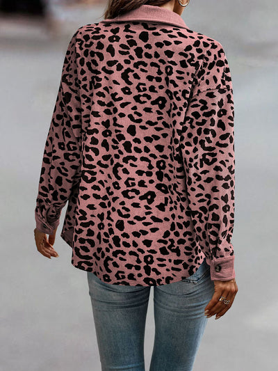 Leopard Textured Long Sleeve Collar Shacket Shirt