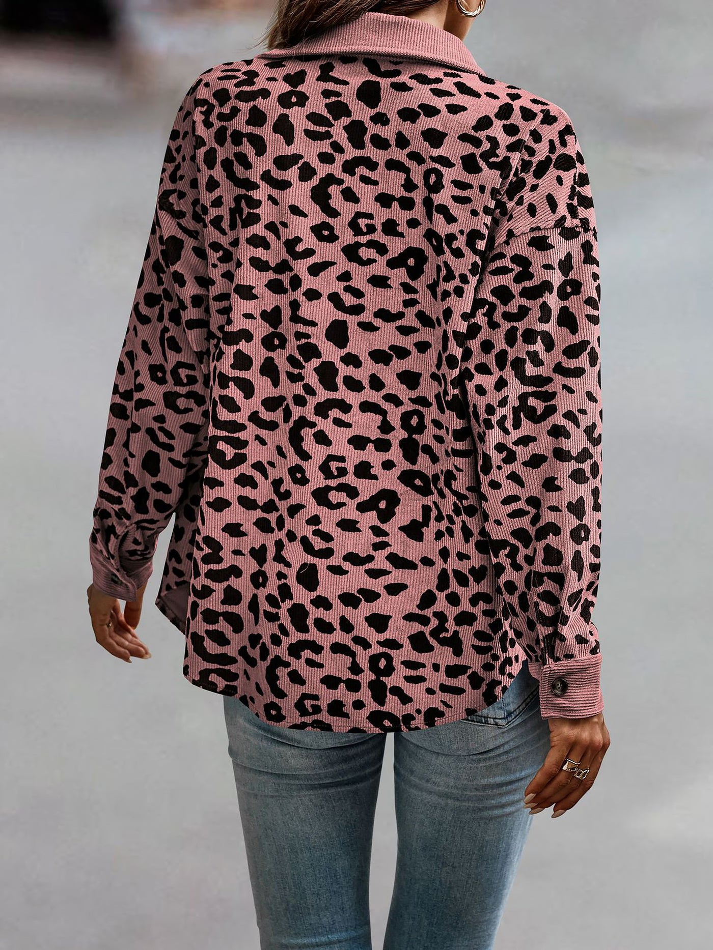 Allegra K Leopard Textured Long Sleeve Collar Shacket Shirt