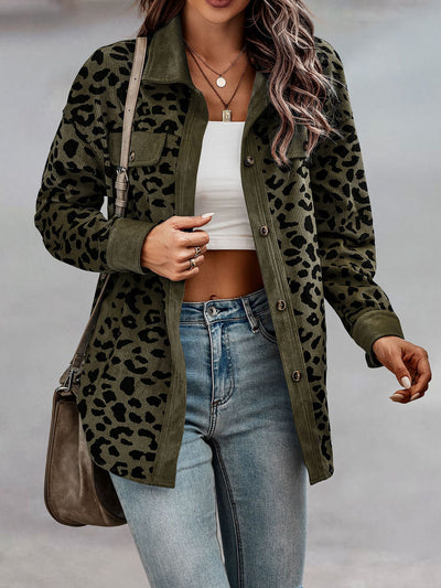 Leopard Textured Long Sleeve Collar Shacket Shirt