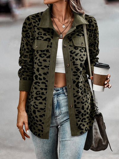 Leopard Textured Long Sleeve Collar Shacket Shirt