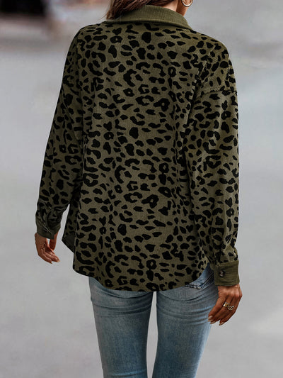 Leopard Textured Long Sleeve Collar Shacket Shirt