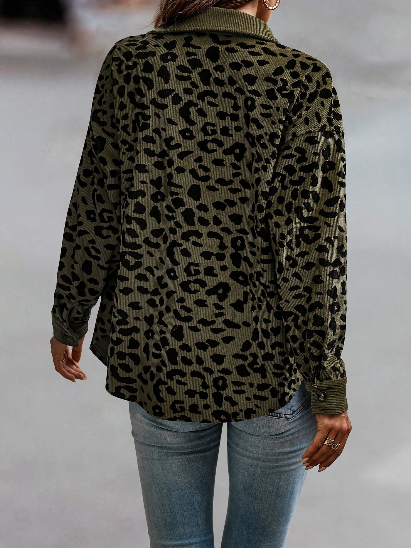 Allegra K Leopard Textured Long Sleeve Collar Shacket Shirt