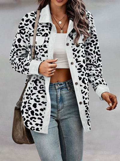 Leopard Textured Long Sleeve Collar Shacket Shirt