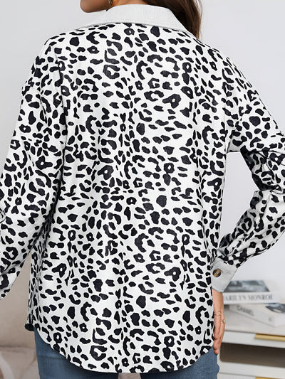 Leopard Textured Long Sleeve Collar Shacket Shirt