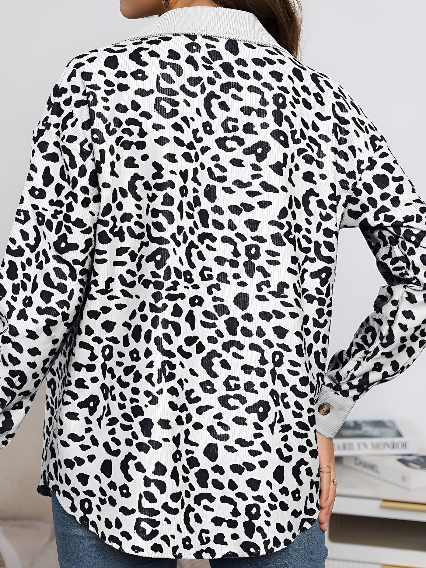 Allegra K Leopard Textured Long Sleeve Collar Shacket Shirt