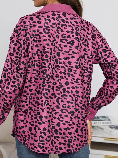 Leopard Textured Long Sleeve Collar Shacket Shirt