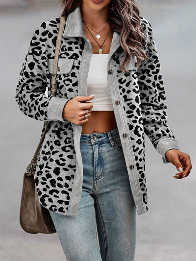 Leopard Textured Long Sleeve Collar Shacket Shirt