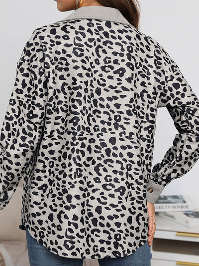 Leopard Textured Long Sleeve Collar Shacket Shirt