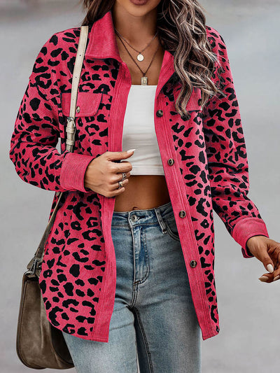 Leopard Textured Long Sleeve Collar Shacket Shirt