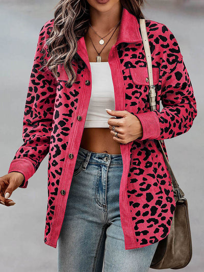 Leopard Textured Long Sleeve Collar Shacket Shirt