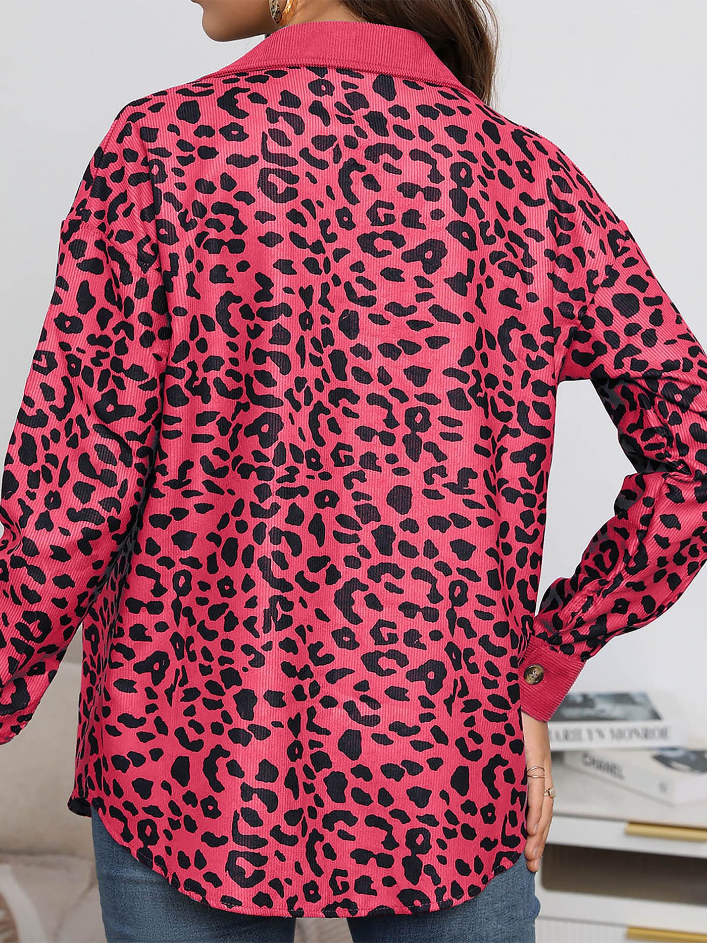 Allegra K Leopard Textured Long Sleeve Collar Shacket Shirt