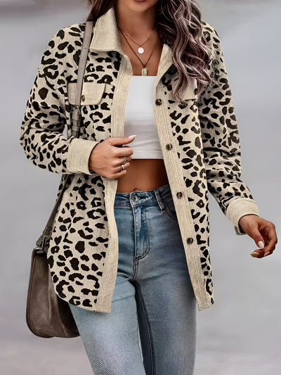 Leopard Textured Long Sleeve Collar Shacket Shirt